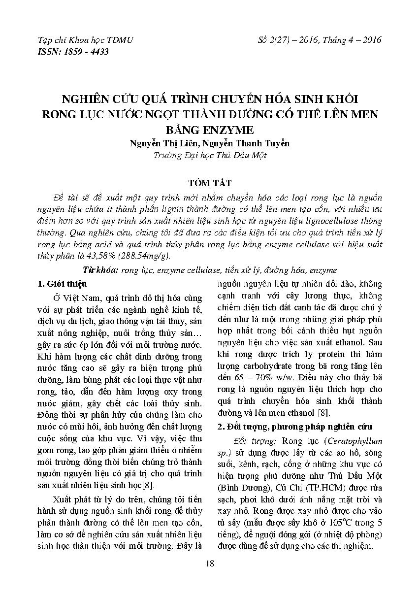 Nghiên cứu quá trình chuyển hóa sinh khối rong lục nước ngọt thành đường có thể lên men bằng enzyme