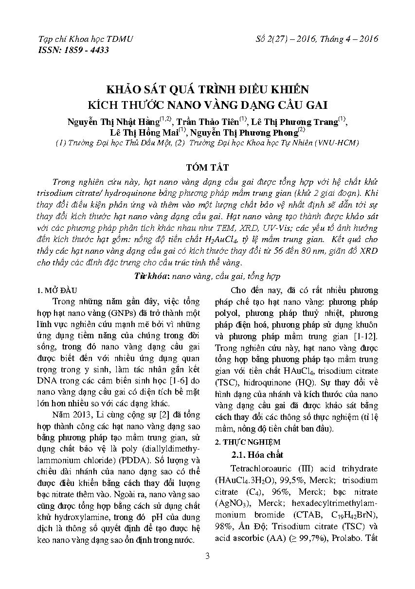 Khảo sát quá trình điều khiển kích thước nano vàng dạng cầu gai