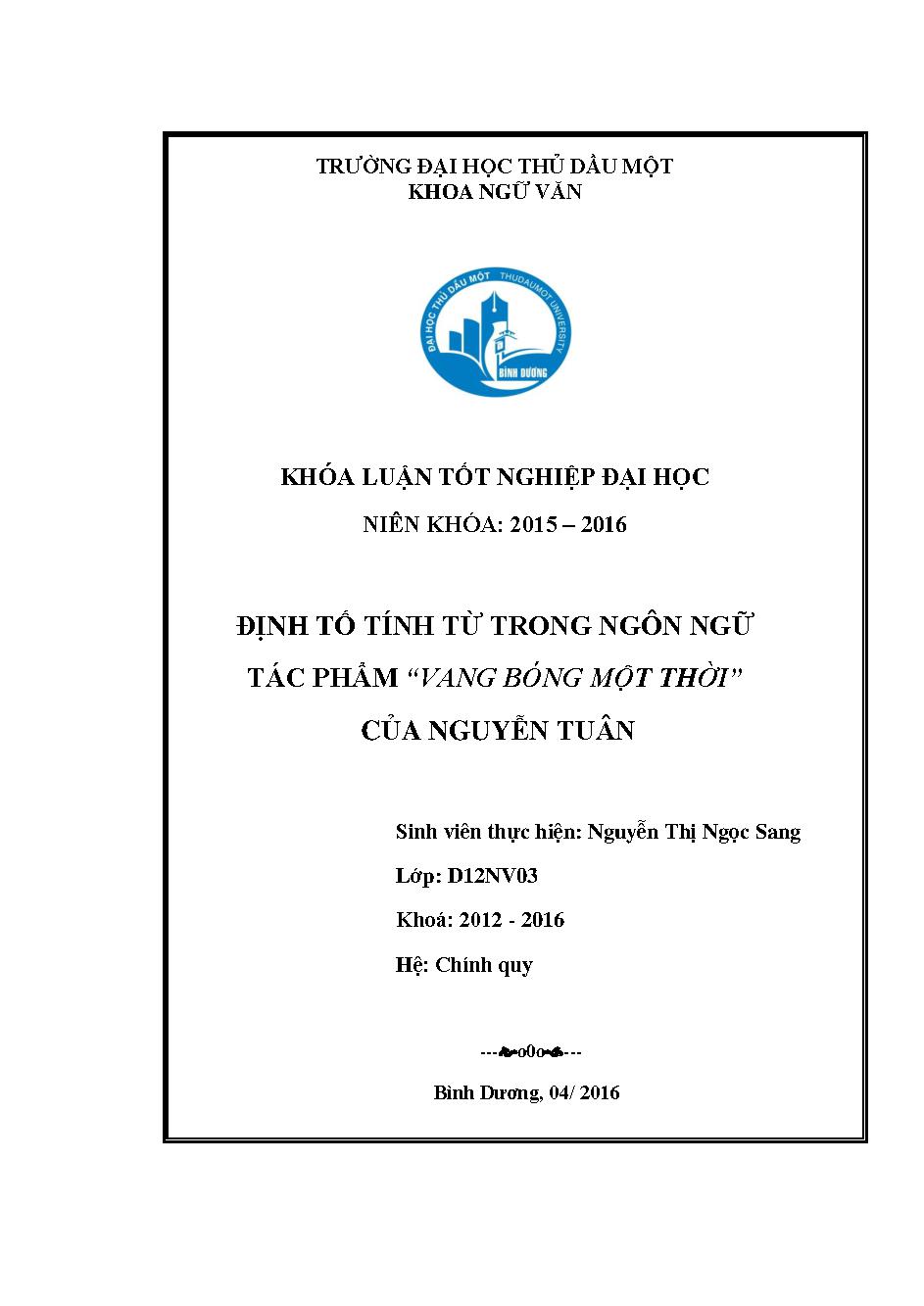 Định tố tính từ trong ngôn ngữ tác phẩm "Vang bóng một thời" của Nguyễn Tuân