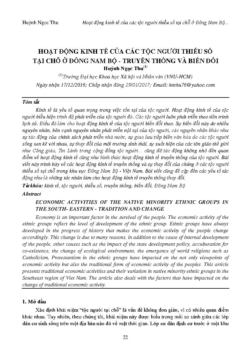 Hoạt động kinh tế của các tộc người thiểu số tại chỗ ở Đông Nam Bộ - Truyền thống và biến đổi