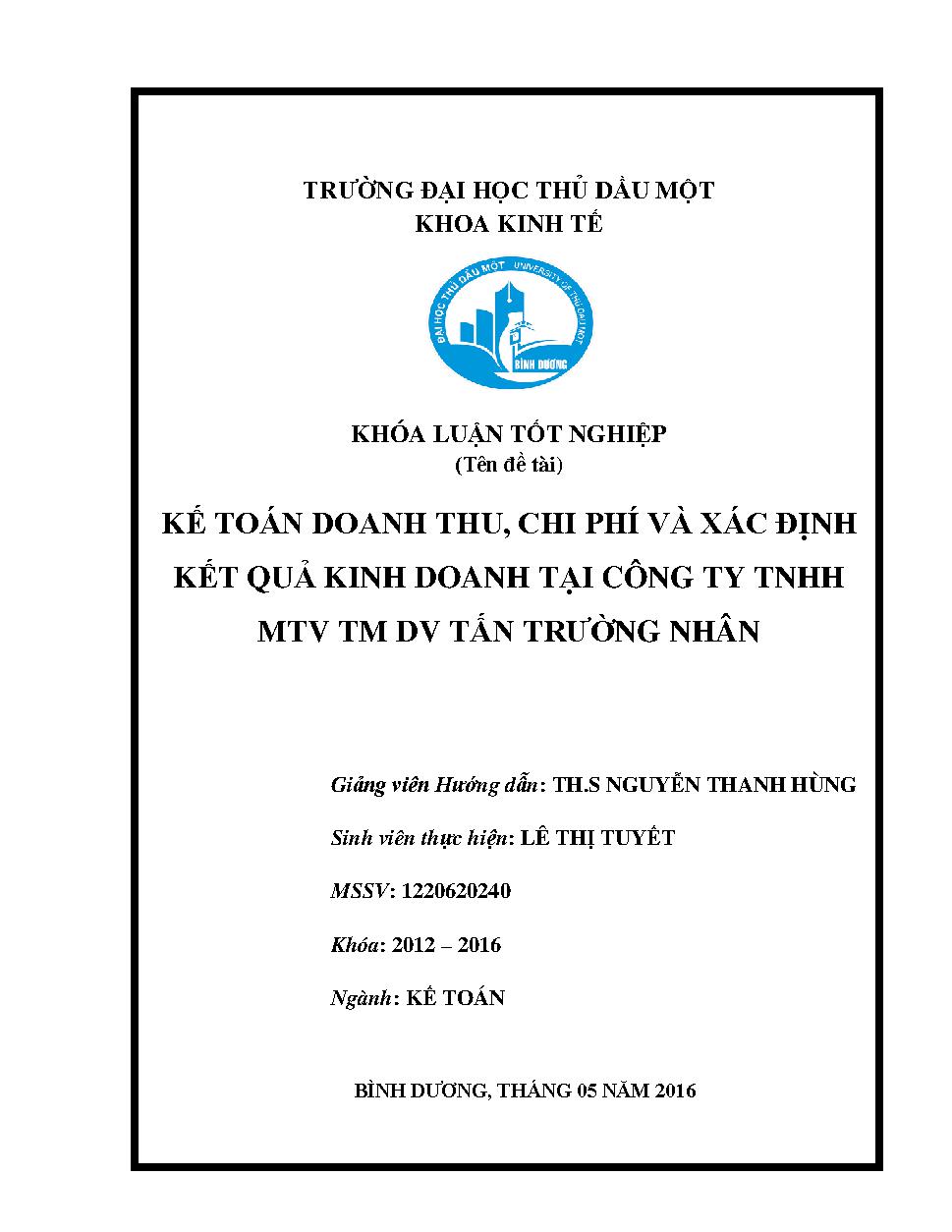 Kế toán doanh thu, chi phí và xác định kết quả kinh doanh tại Công ty TNHH MTV TMDV Tấn Trường Nhân