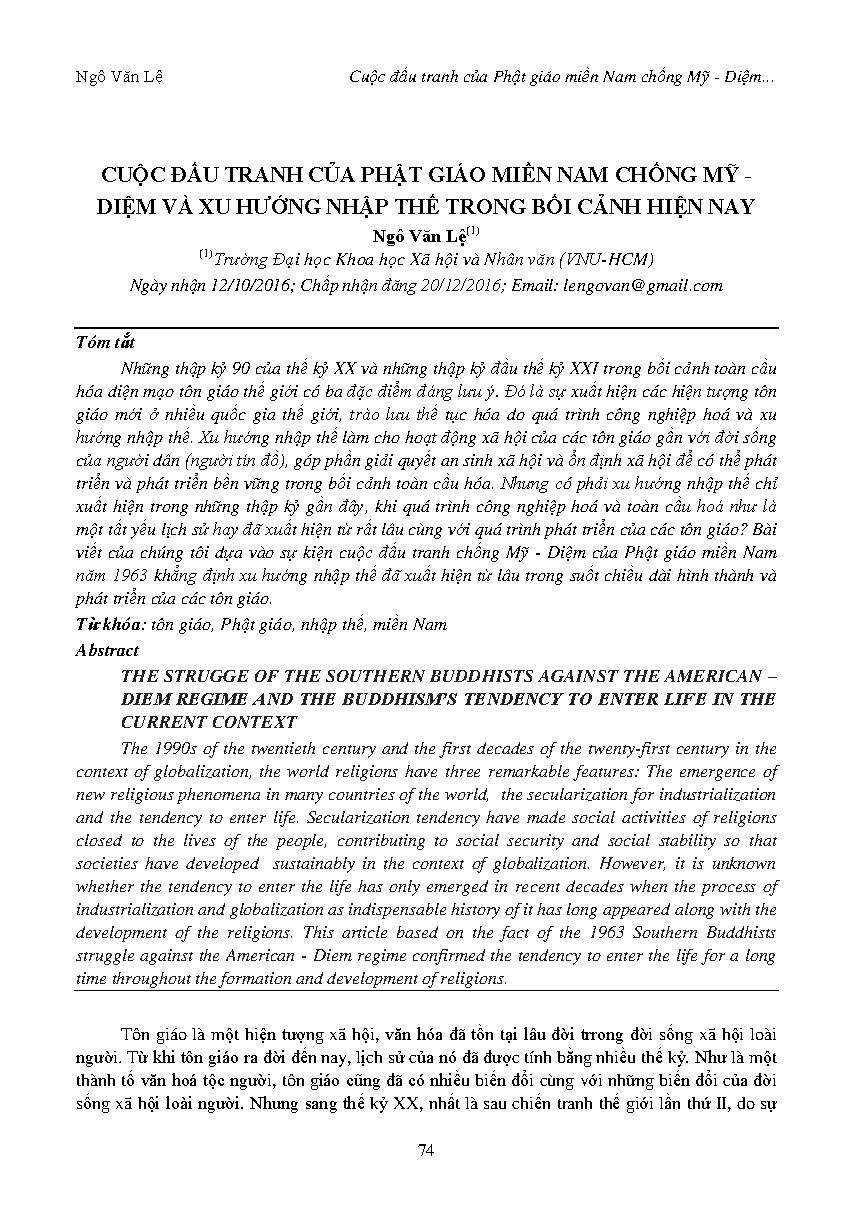 Cuộc đấu tranh của phật giáo Miền Nam chống Mỹ - Diệm và xu hướng nhập thế trong bối cảnh hiện nay
