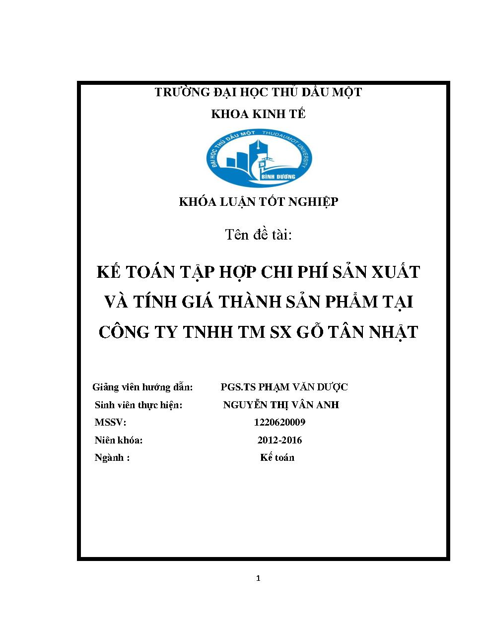 Kế toán chi phí sản xuất và tính giá thành sản phẩm tại Công ty TNHH TM SX gỗ Tân Nhật