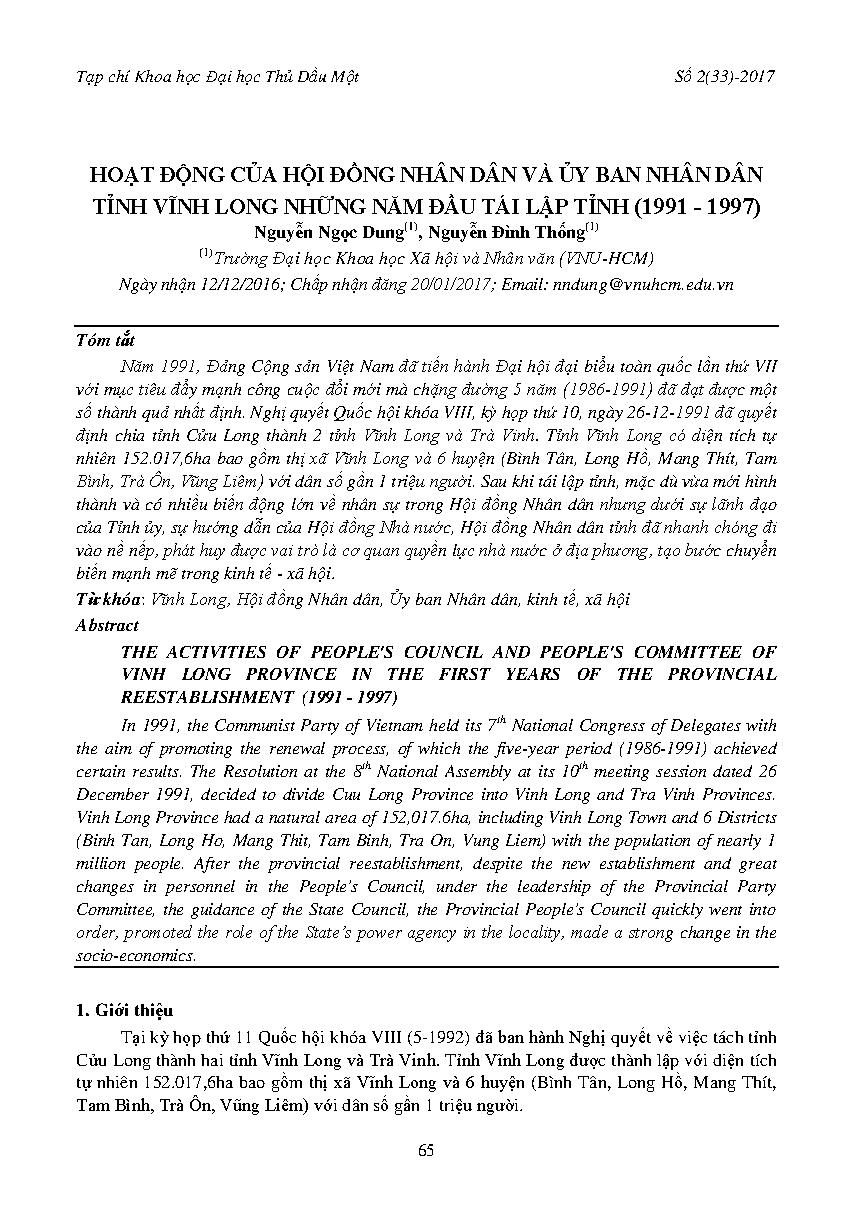 Hoạt động của Hội đồng Nhân dân và Ủy ban Nhân dân tỉnh Vĩnh Long những năm đầu tái lập tỉnh (1991-1997)