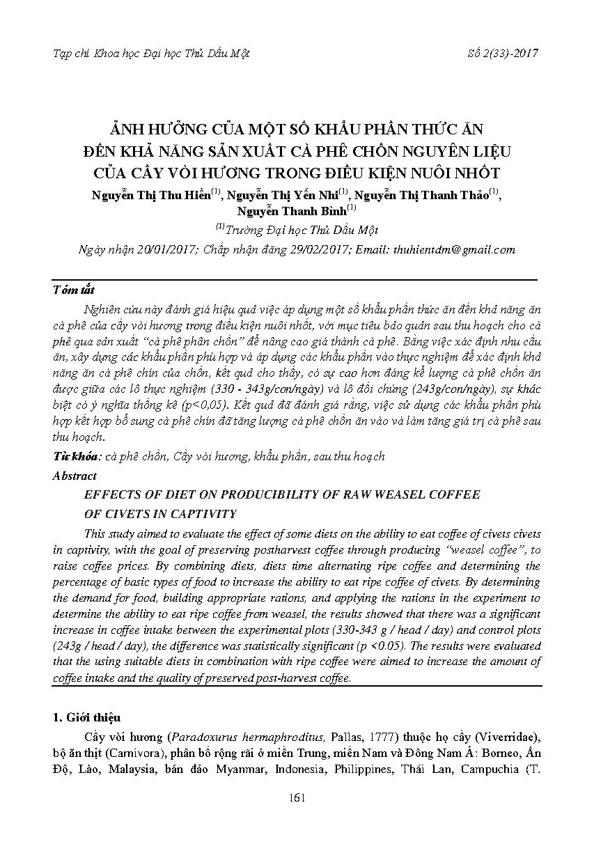 Ảnh hưởng của một số khẩu phần thức ăn đến khả năng sản xuất cà phê chồn nguyên liệu của cầy vòi hương trong điều kiện nuôi nhốt