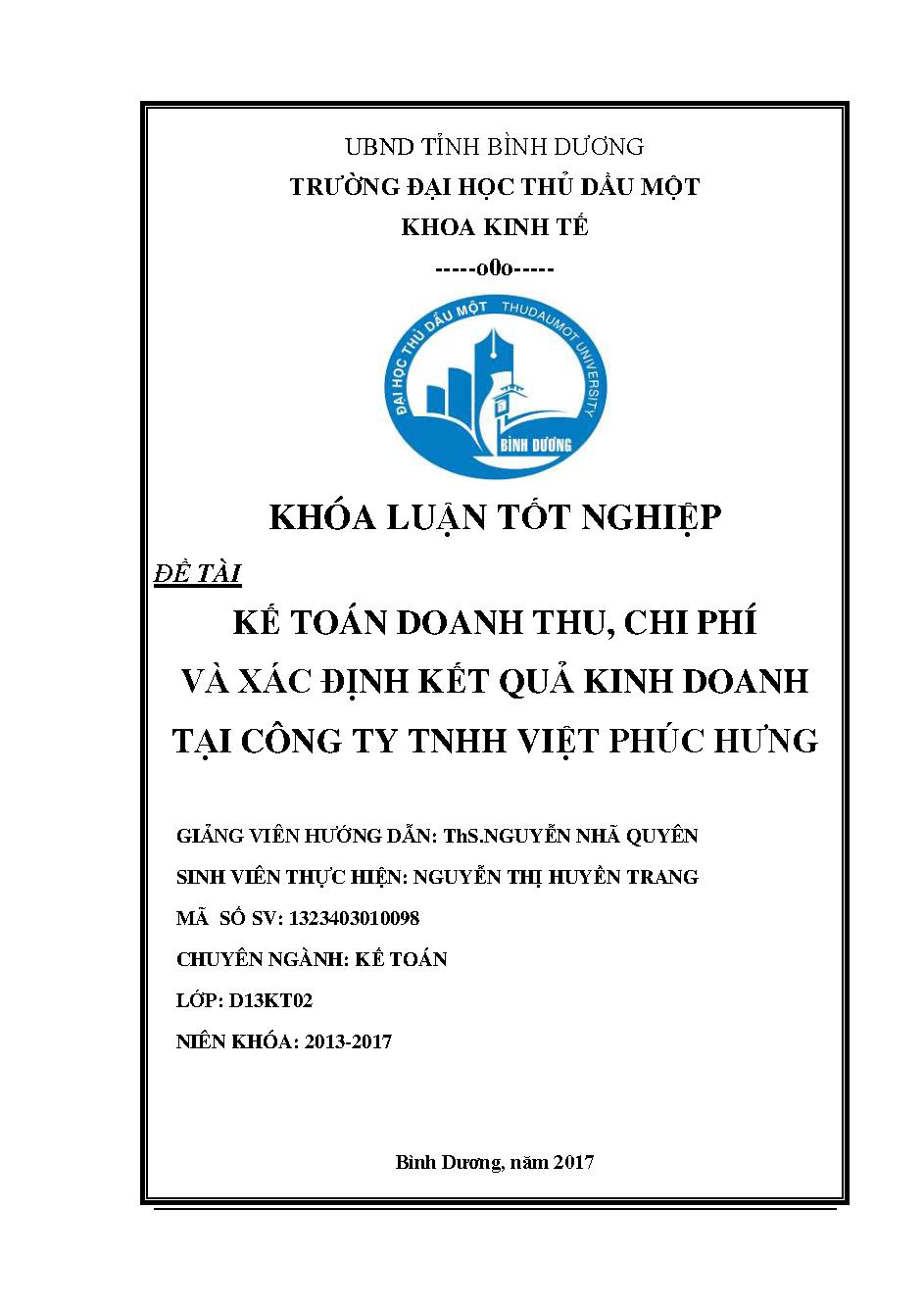 Kế toán doanh thu, chi phí và xác định kết quả kinh doanh tại Công ty TNHH Việt Phúc Hưng