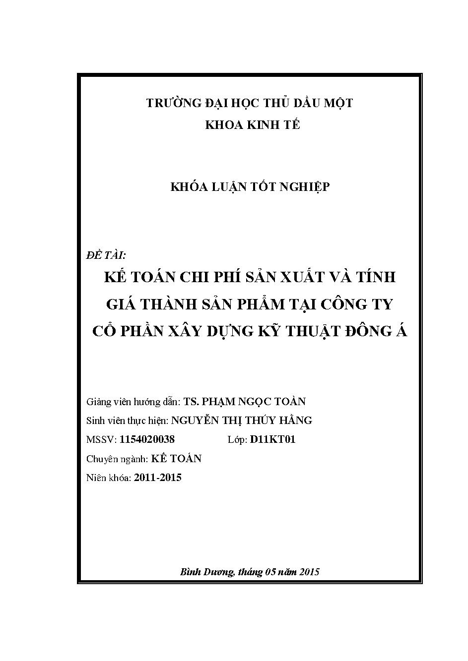 Kế toán tập hợp chi phí sản xuất và tính giá thành sản phẩm tại Công ty Cổ phần Xây dựng Kỹ thuật Đông Á