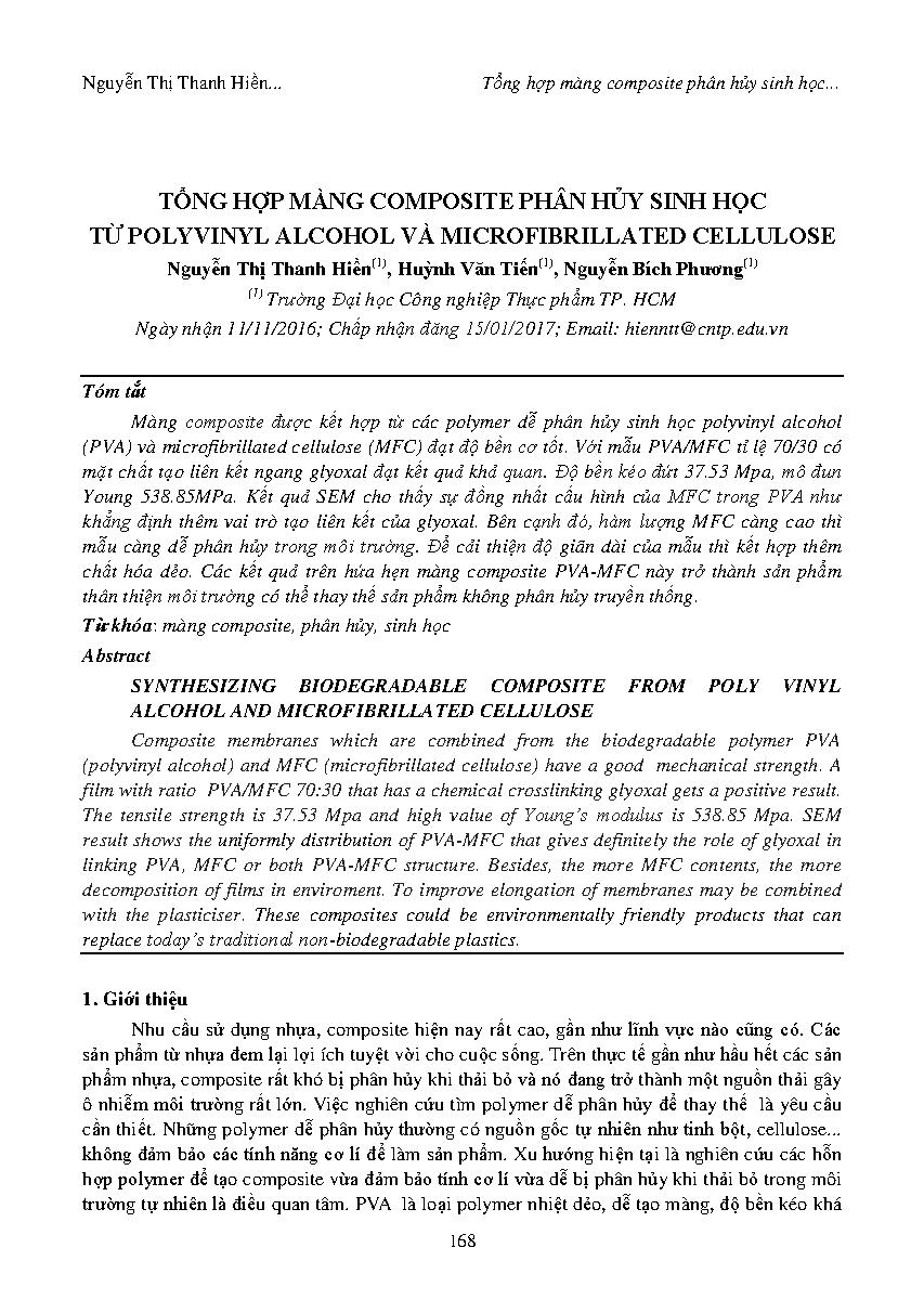 Tổng hợp màng composite phân hủy sinh học từ polyvinyl alcohol và microfibrillated cellulose