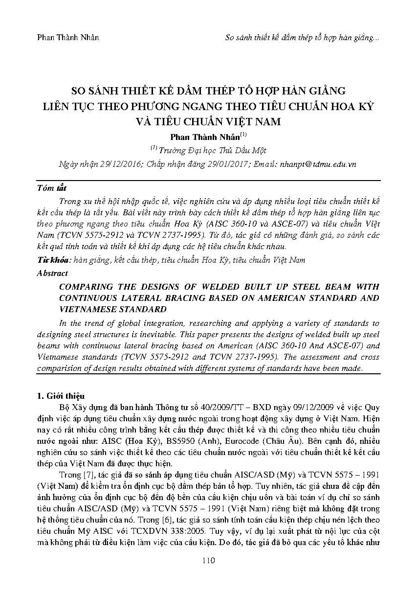 So sánh thiết kế dầm thép tổ hợp hàn giằng liên tục theo phương ngang theo tiêu chuẩn Hoa Kỳ và tiêu chuẩn Việt Nam