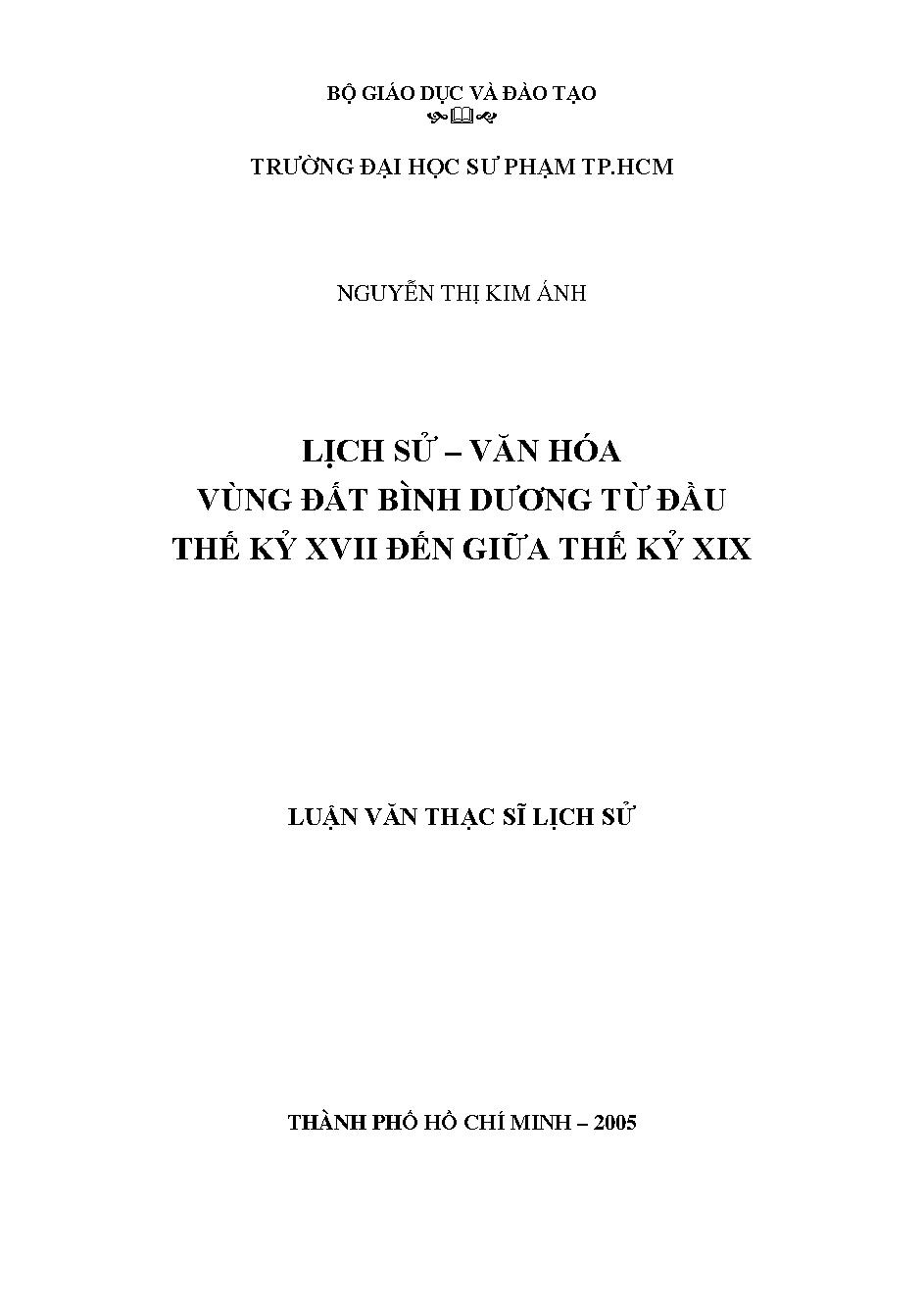 Lịch sử - Văn hóa vùng đất Bình Dương từ đầu thế kỷ XVII đến giữa thế kỷ XIX