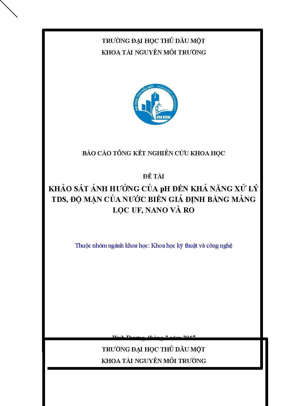 Khảo sát ảnh hưởng của pH đến khả năng xử lý TDS và độ mặn của nước biển giả định bằng màng lọc UF và RO