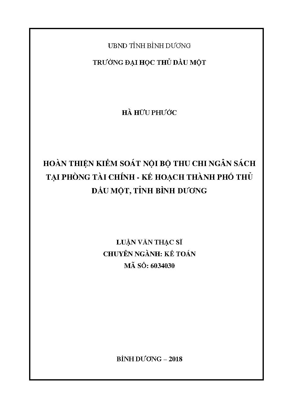 Hoàn thiện kiểm soát nội bộ thu chi ngân sách nhà nước tại phòng Tài chính - Kế hoạch Thành phố Thủ Dầu Một, tỉnh Bình Dương