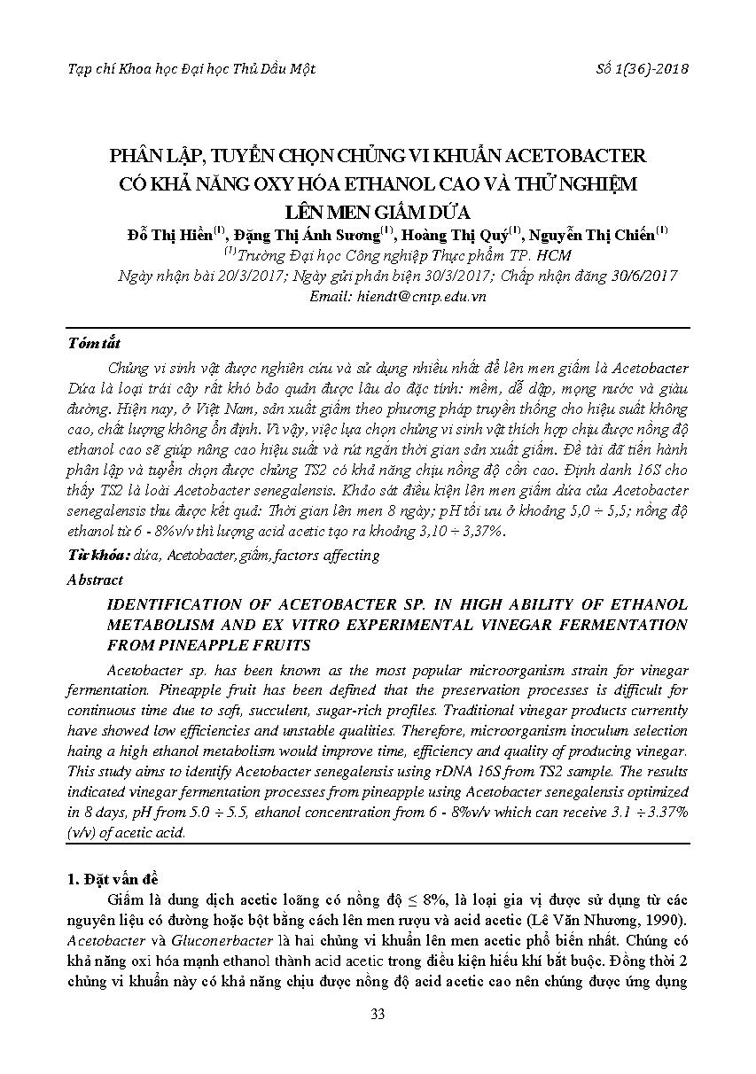 Phân lập, tuyển chọn chủng vi khuẩn acetobacter có khả năng oxy hóa ethanol cao và thử nghiệm lên men giấm dứa