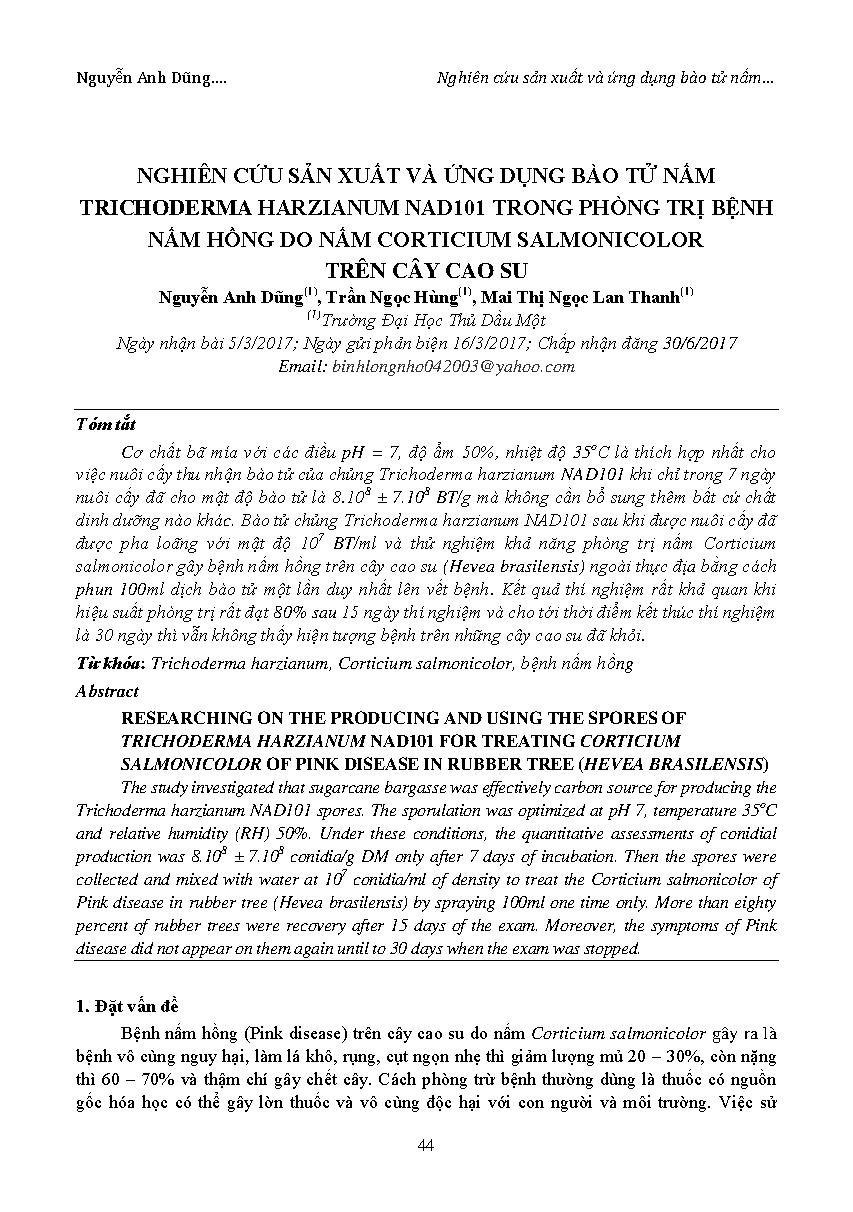 Nghiên cứu sản xuất và ứng dụng bào tử nấm trichoderma harzianum nad101 trong phòng trị bệnh nấm hồng do nấm corticium salmonicolor trên cây cao su