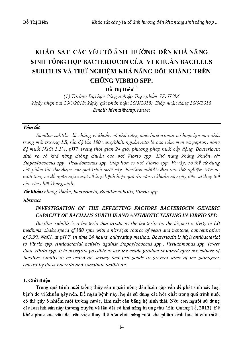 Khảo sát các yếu tố ảnh hưởng đến khả năng Sinh tổng hợp bacteriocin của vi khuẩn bacillus subtilis và thử nghiệm khả năng đối kháng trên chủng vibrio spp