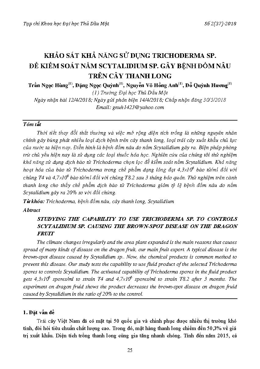 Khảo sát khả năng sử dụng trichoderma sp.để kiểm soát nấm scytalidium sp. gây bệnh đốm nâu trên cây thanh long