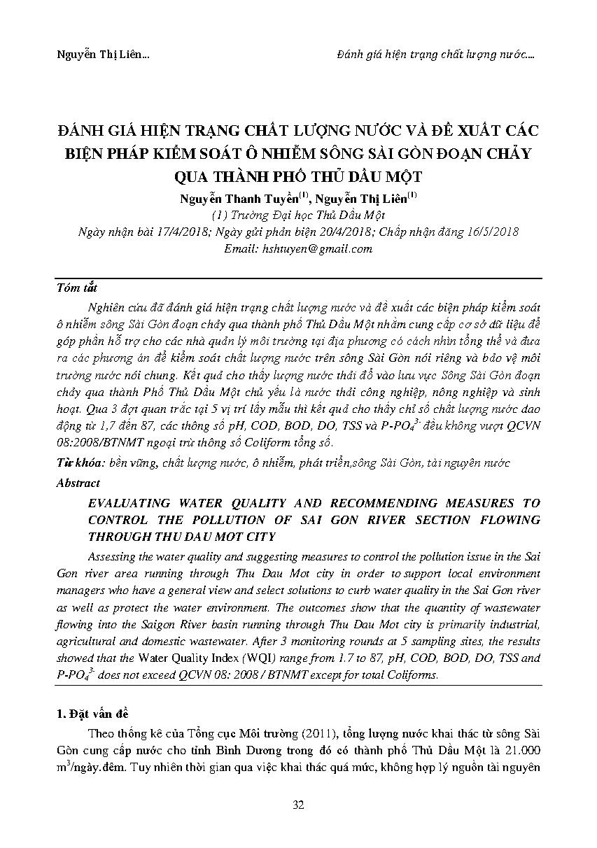Đánh giá hiện trạng chất lượng nước và đề xuất các biện pháp kiểm soát ô nhiễm sông Sài Gòn đoạn chảy qua thành phố Thủ Dầu Một