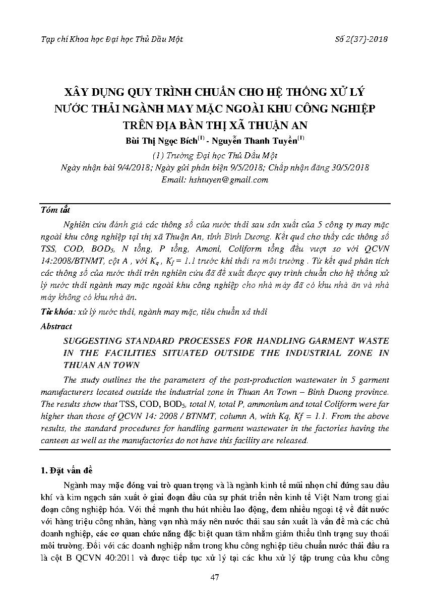 Xây dựng quy trình chuẩn cho hệ thống xử lý nước thải ngành may mặc ngoài khu công nghiệp trên địa bàn thị xã Thuận An