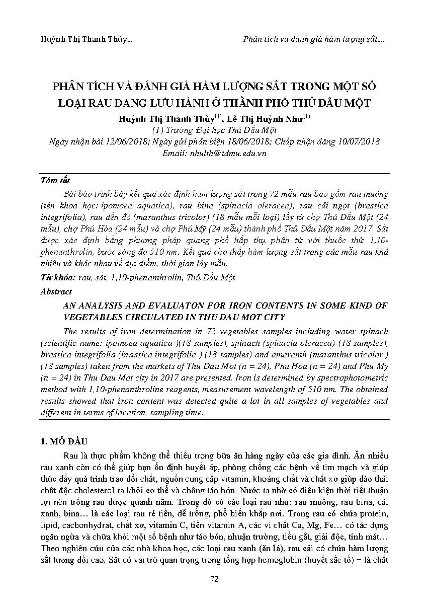 Phân tích và đánh giá hàm lượng sắt trong một số loại rau đang lưu hành ở thành phố Thủ Dầu Một