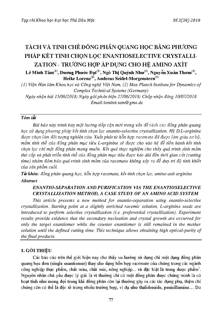 Tách và tinh chế đồng phân quang học bằng phương pháp kết tinh chọn lọc enantioselective crystalli-zation - trường hợp áp dụngcho hệ amino axít