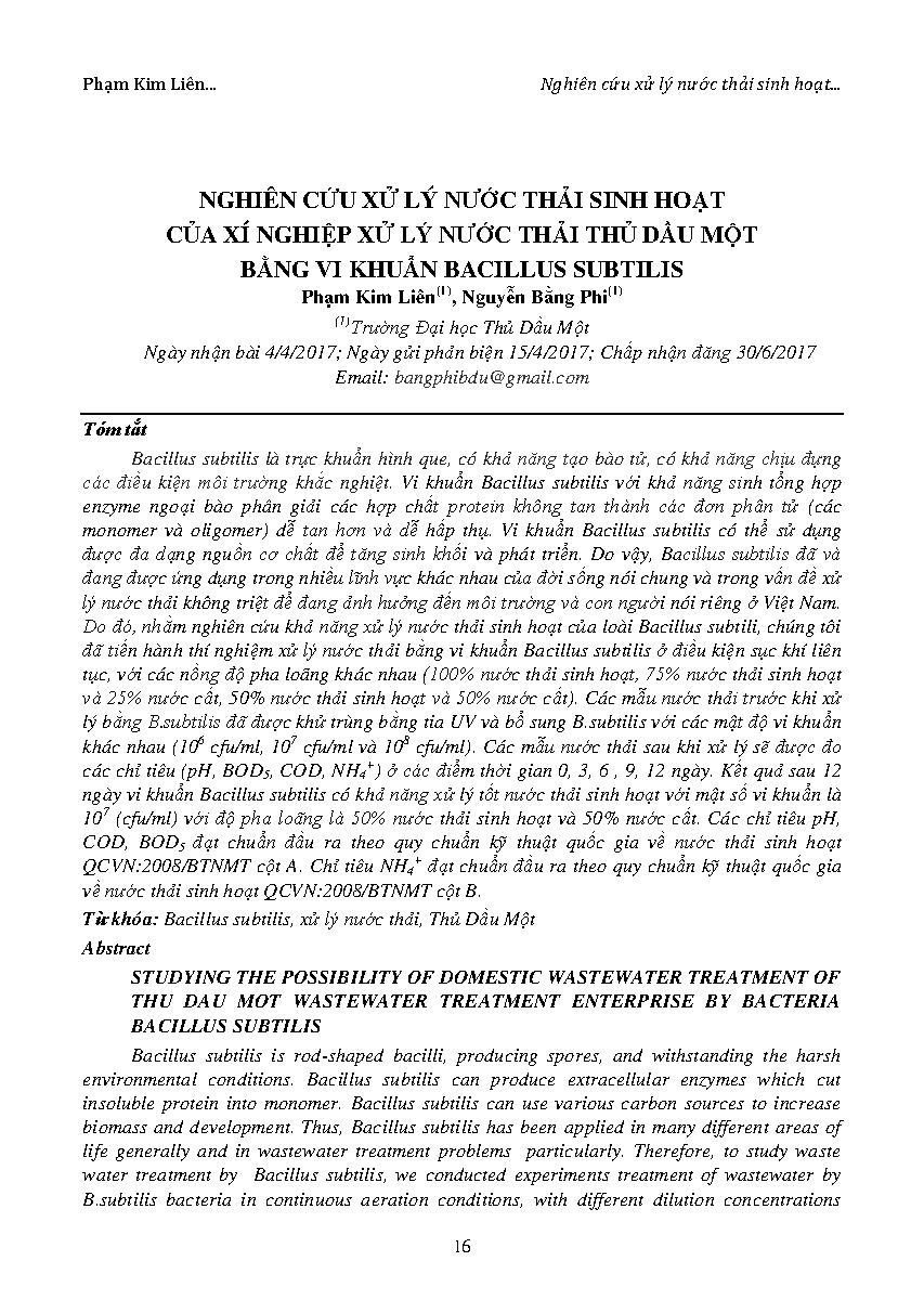 Nghiên cứu xử lý nước thải sinh hoạt của xí nghiệp xử lý nước thải Thủ Dầu Một Bằng vi khuẩn bacilius subtilis