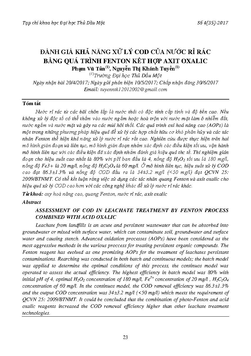 Đánh giá khả năng xử lý cod của nước rỉ rác bằng quá trình fenton kết hợp axit oxalic