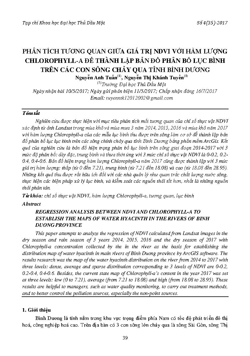 Phân tích tương quan giữa giá trị NDVI với hàm lượng chlorophyll-a để thành lập bản đồ phân bố lục bình trên các con sông chảy qua tỉnh Bình Dương