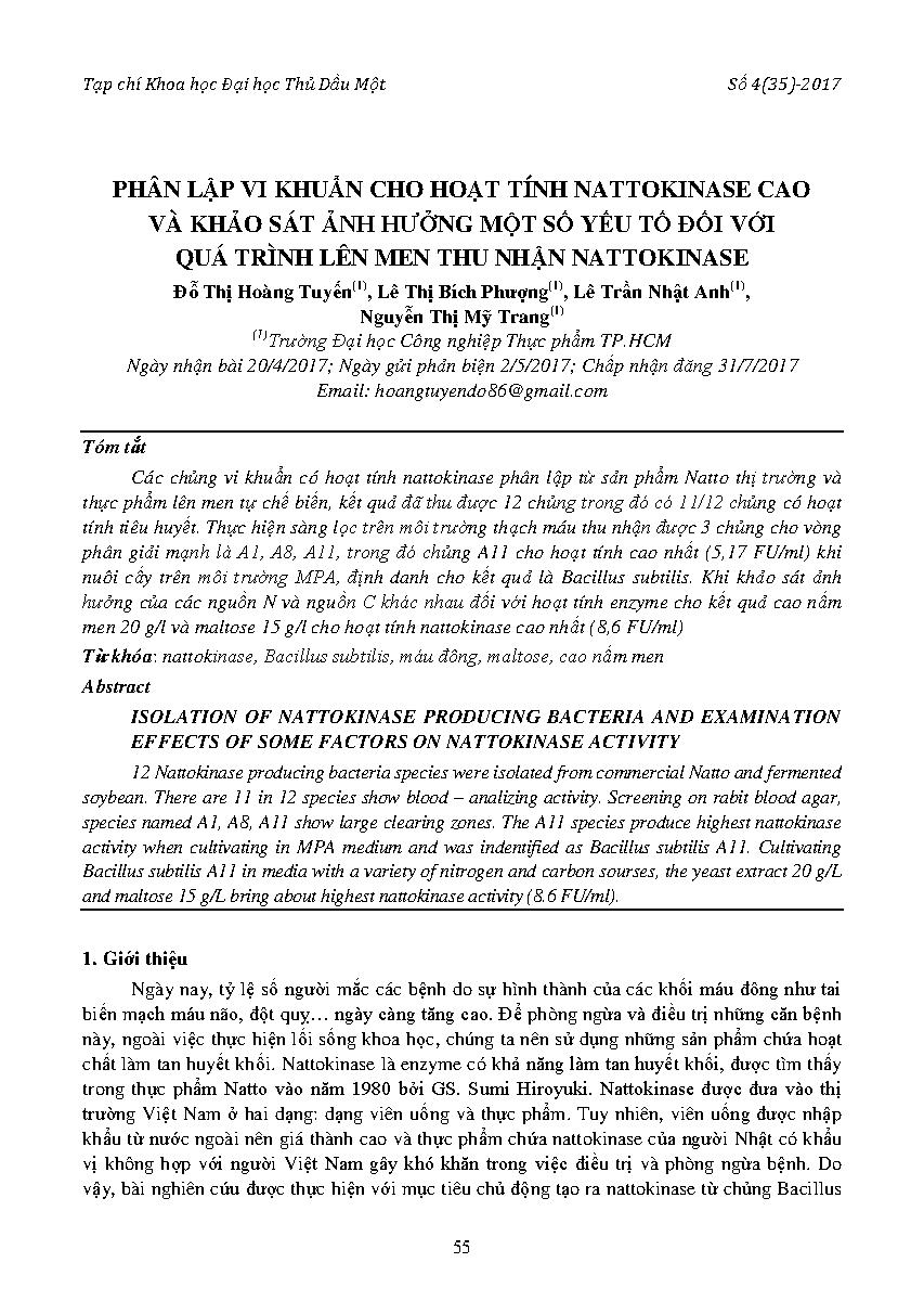 Phân lập vi khuẩn hoạt tính Nattokinase cao và khảo sát ảnh hưởng một số yếu tố đối với quá trình lên men thu nhận nattokinase