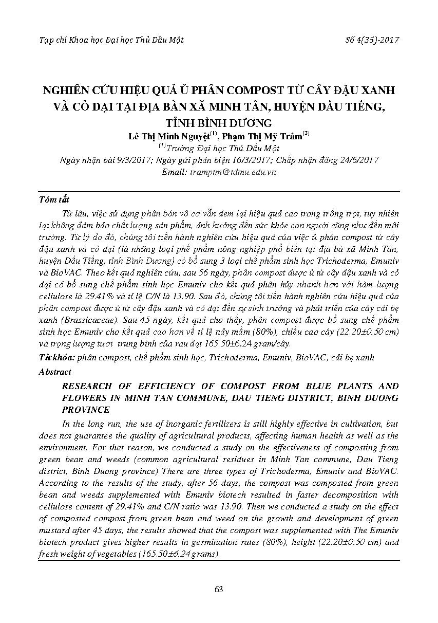 Nghiên cứu hiệu quả ủ phân compost từ cây đậu xanh và cỏ dại tại địa bàn xã Minh Tân, huyện Dầu Tiếng, tỉnh Bình Dương