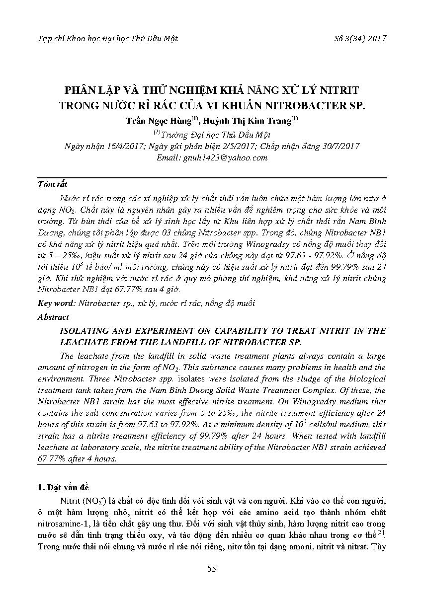 Phân lập và thử nghiệm khả năng xử lý nitrit trong nước rỉ rác của vi khuẩn nitrobacter sp