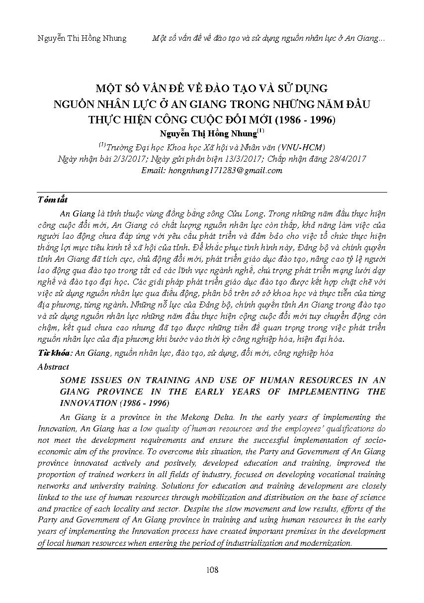 Một số vấn đề về đào tạo và sử dụng nguồn nhân lực ở An Giang trong những năm đầu thực hiện công cuộc đổi mới (1986-1996)