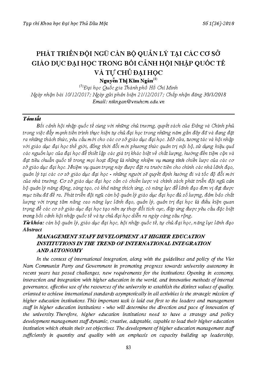 Phát triển đội ngũ cán bộ quản lý tại các cơ sở giáo dục đại học trong bối cảnh hội nhập quốc tế và tự chủ đại học