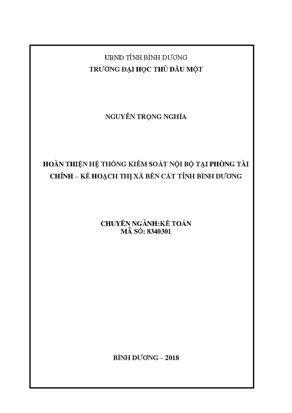 Hoàn thiện hệ thống kiểm soát nội bộ tại phòng Tài chính - Kế hoạch thị xã Bến Cát, tỉnh Bình Dương