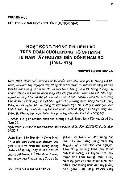 Hoạt động thông tin liên lạc trên đoạn cuối  đường Hồ Chí Minh, từ Nam Tây Nguyên đến Đông Nam Bộ