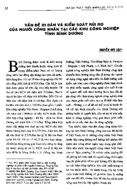 Vấn đề di dân và kiểm soát rủi ro của người công nhân tại các khu công nghiệp tỉnh Bình Dương