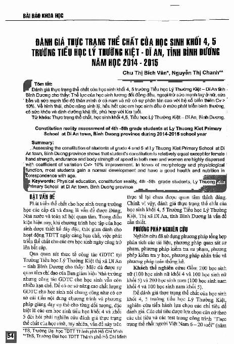 Đánh giá thực trạng thể chất của học sinh khối 4,5  trường tiểu học Lý Thường Kiệt - Dĩ An, tỉnh Bình Dương năm học 2014 - 2015