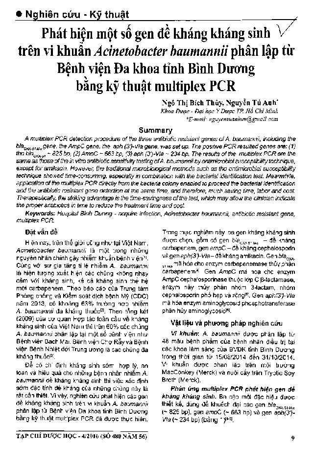 Phát hiện một số gen đề kháng kháng sinh trên vi khuẩn acimetobacter baumannii phân lập từ bệnh viện Đa khoa tỉnh Bình Dương bằng kỹ thuật multiplex PCR