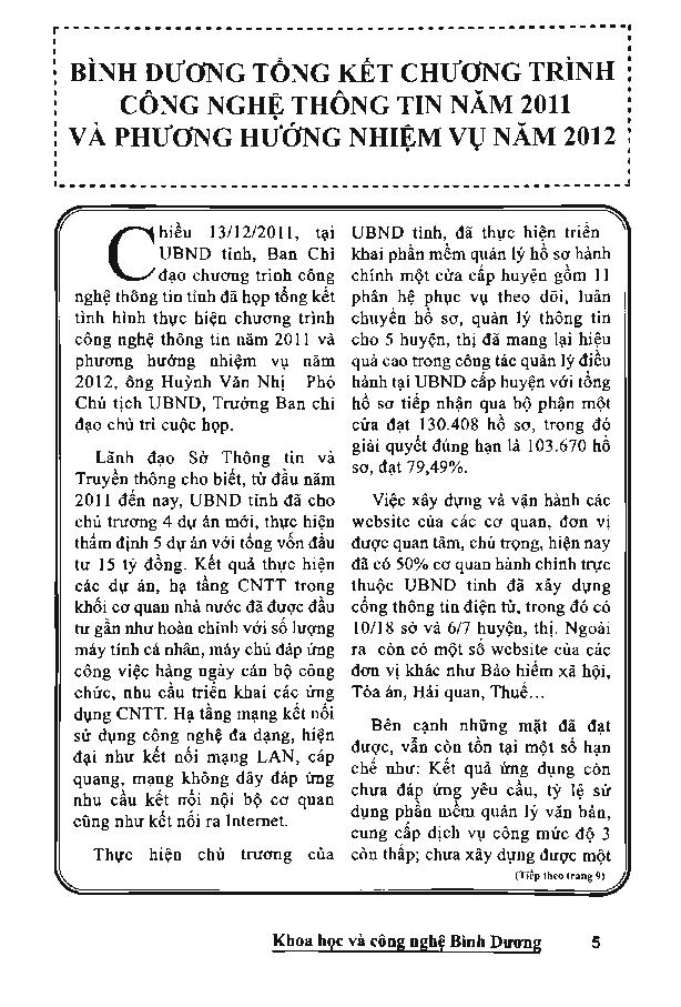 Bình Dương tổng kết chương trình công nghệ thông tin năm 2011 và phương hướng nhiệm vụ năm 2012