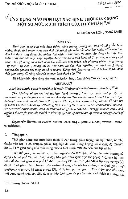 Ứng dụng mẫu đơn hạt xác định thời gian sống một số mức kích thích của hạt nhân 59Ni