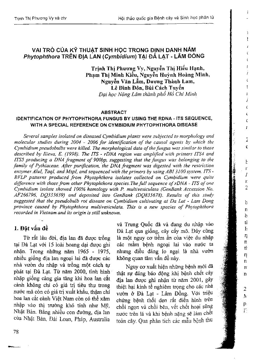Vai trò của kỹ thuật sinh học trong định danh nấm Phytophthora trên địa lan (Cymbidium) tại Đà Lạt - Lâm Đồng
