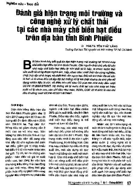 Đánh giá hiện trạng môi trường và công nghệ xử lý chất thải tại các nhà máy chế biến hạt điều trên địa bàn tỉnh Bình Phước