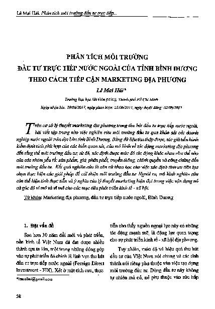 Phân tích môi trường đầu tư trực tiếp nước ngoài của tỉnh Bình Dương theo cách tiếp cận Marketing địa phương