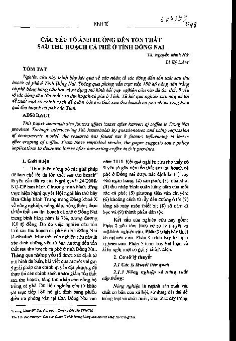 Các yếu tố ảnh hưởng đến tổn thất sau thu hoạch cà phê ở tỉnh Đồng Nai