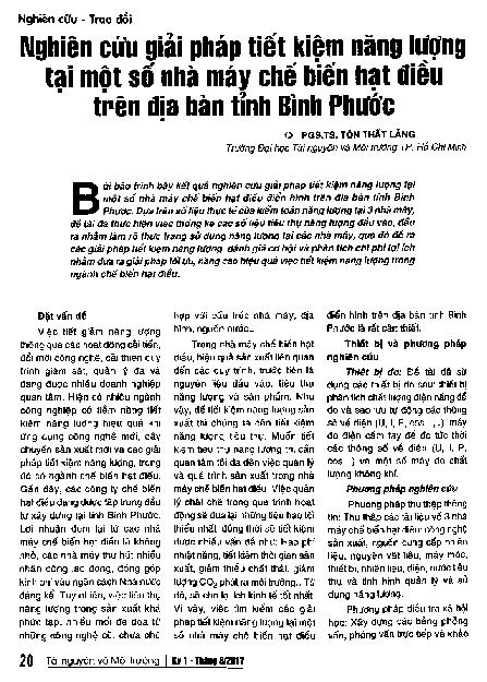 Nghiên cứu giải pháp tiết kiệm năng lượng tại một số nhà máy chế biến hạt điều trên địa bàn tỉnh Bình Phước
