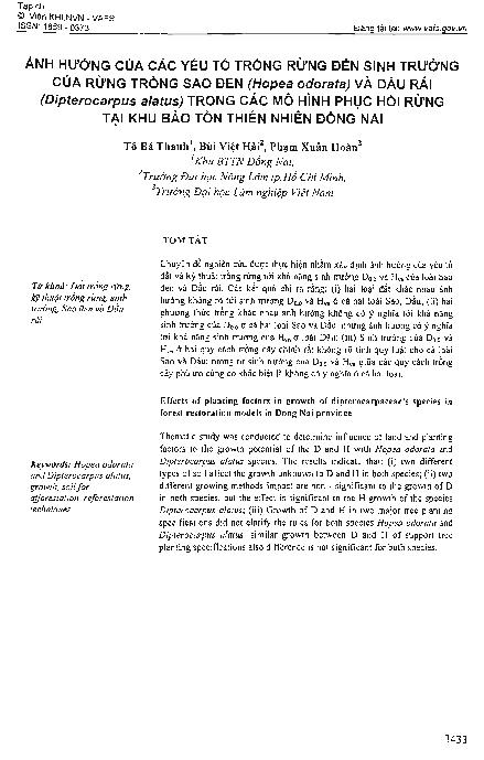 Ảnh hưởng của các yếu tố trồng rừng đến sinh trưởng của rừng trồng sao đen (Hopea odorate) và dầu rái  (Dipterocarpus alatus) trong các mô hình phục hồi rừng tại khu bảo tồn thiên nhiên Đồng Nai