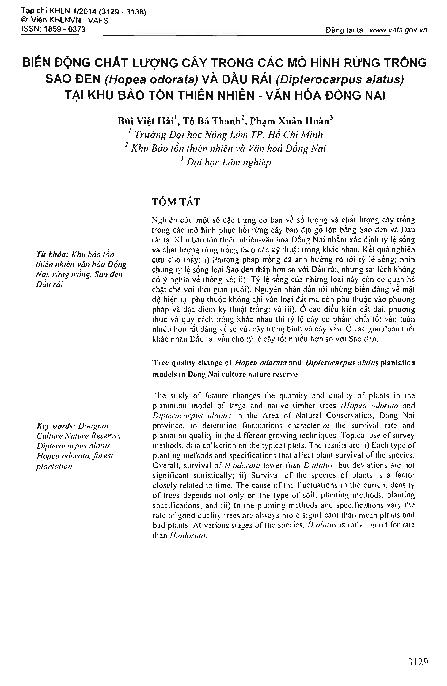 Biến động chất lượng cây trong các mô hình rừng trồng sao đen (Hopea odorata) và dầu rái (Dipterocarpus alatus) tại khu bảo tồn thiên nhiên -  văn hóa Đồng Nai