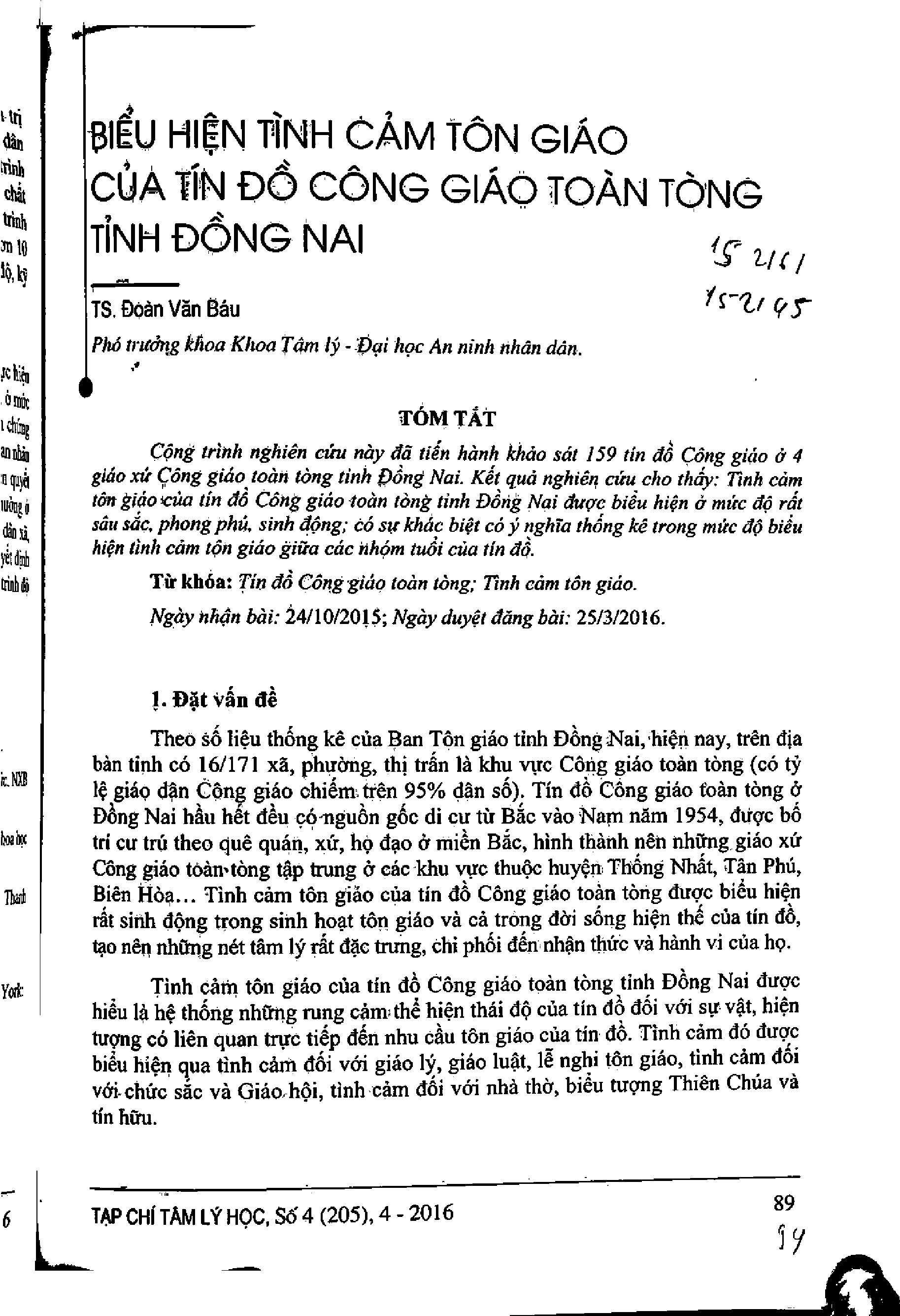 Biểu hiện tình cảm tôn giáo của tín đồ công giáo toàn tòng tỉnh Đồng Nai