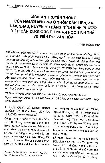 Món ăn truyền thống của người M'Nông ở thôn Đăk Liên, xã Đăk Nhau, huyện Bù Đăng , tỉnh Bình Phước: Tiếp cận dưới góc độ nhân học sinh thái về biến đổi văn hóa