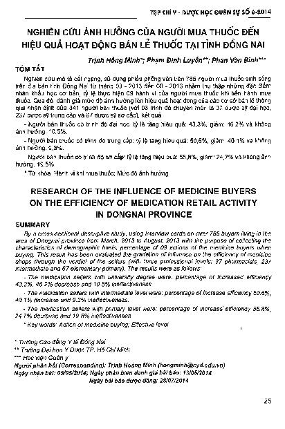 Nghiên cứu ảnh hưởng của người mua thuốc đến hiệu quả  hoạt động bán lẻ thuốc tại tỉnh Đồng Nai