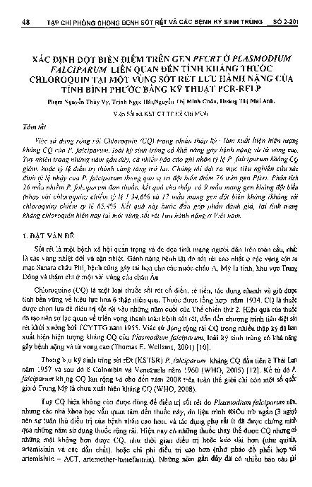 Xác định đột biến điểm trên gen PFCRT ở plasmodium falciparum liên quan đến tính kháng thuốc chloroquin tại một vùng sốt rét lưu hành nặng của tỉnh Bình Phước bằng kỹ thuật PCR-RFLP